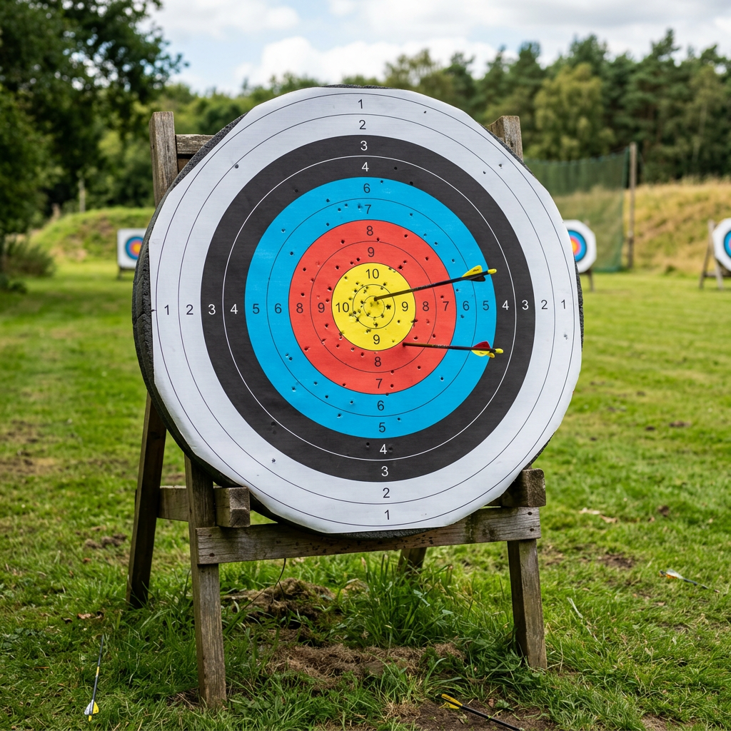 Archery target with two arrows near the center and many practice marks